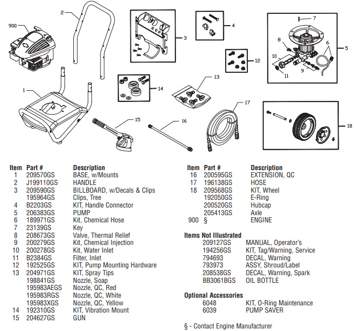 Briggs & Stratton pressure washer model 020399 replacement parts, pump breakdown, repair kits, owners manual and upgrade pump.